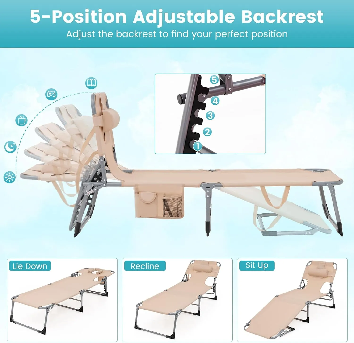 Goplus Tanning Chair, Folding Beach Lounge Chair with Face &Arm Hole, 5-Position Adjustable,Removable Pillow,Side Pocket, Sunbathing Chair, Portable Outdoor Lounge Chair for Patio Pool Lawn (1, Beige)
