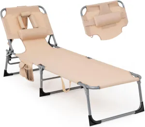 Goplus Tanning Chair, Folding Beach Lounge Chair with Face &Arm Hole, 5-Position Adjustable,Removable Pillow,Side Pocket, Sunbathing Chair, Portable Outdoor Lounge Chair for Patio Pool Lawn (1, Beige)