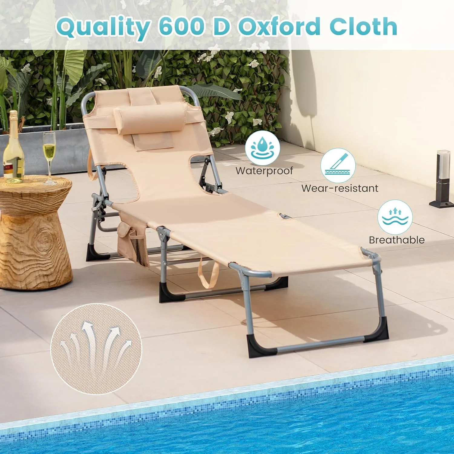 Goplus Tanning Chair, Folding Beach Lounge Chair with Face &Arm Hole, 5-Position Adjustable,Removable Pillow,Side Pocket, Sunbathing Chair, Portable Outdoor Lounge Chair for Patio Pool Lawn (1, Beige)