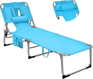 Goplus Tanning Chair, Folding Beach Lounge Chair with Face&Arm Hole,5-Position Adjustable,Removable Pillow,Side Pocket, Sunbathing Chair, Portable Outdoor Lounge Chair for Patio Pool Lawn(1, Sky Blue)