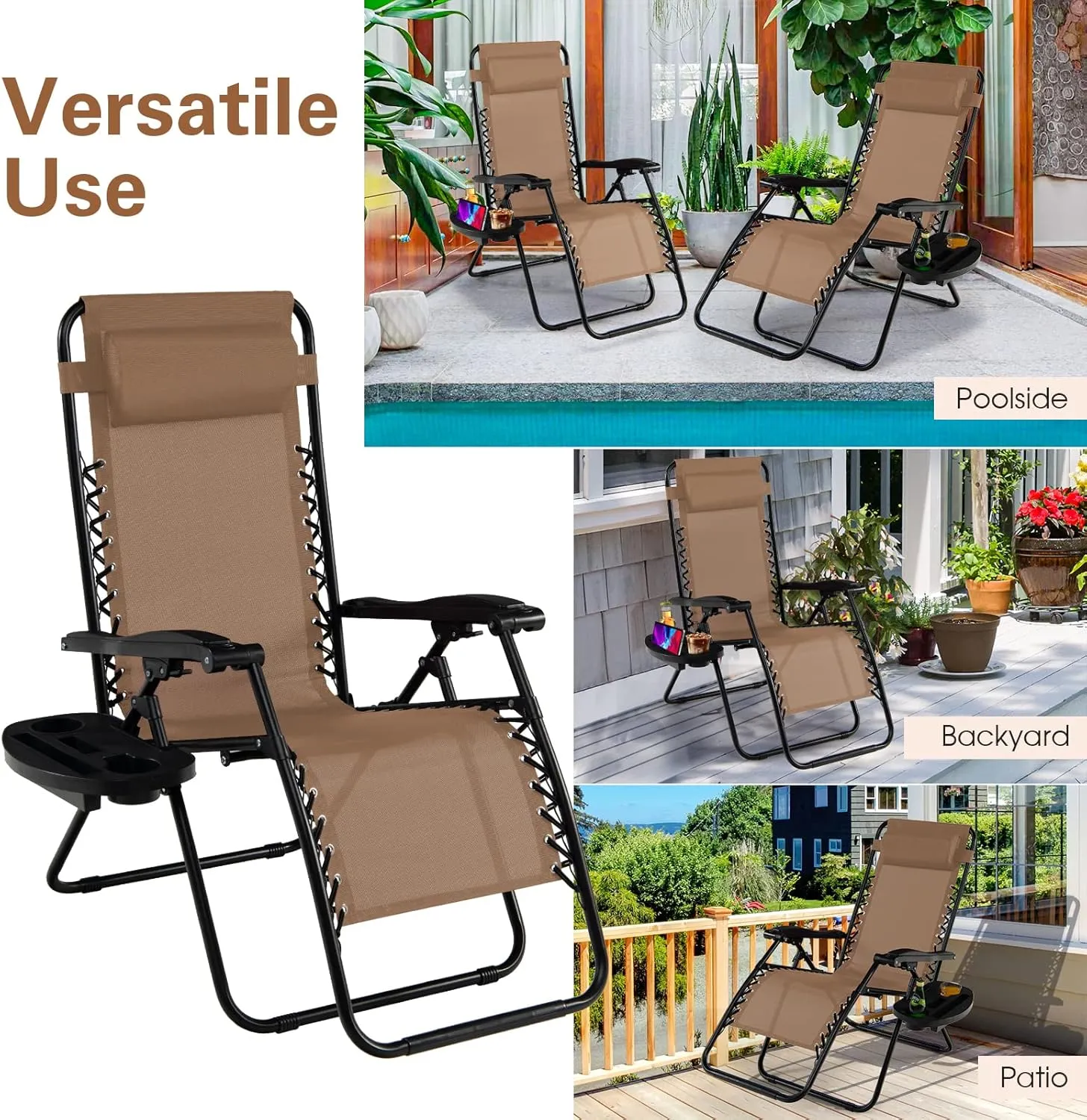 Goplus Zero Gravity Lounge Chairs, 160°Adjustable Folding Recliner w/Pillow and Cup Holder, 350LBS Comfy Outdoor Lounge Chairs for Patio, Lawn, Yard & Camp(1, Beige)