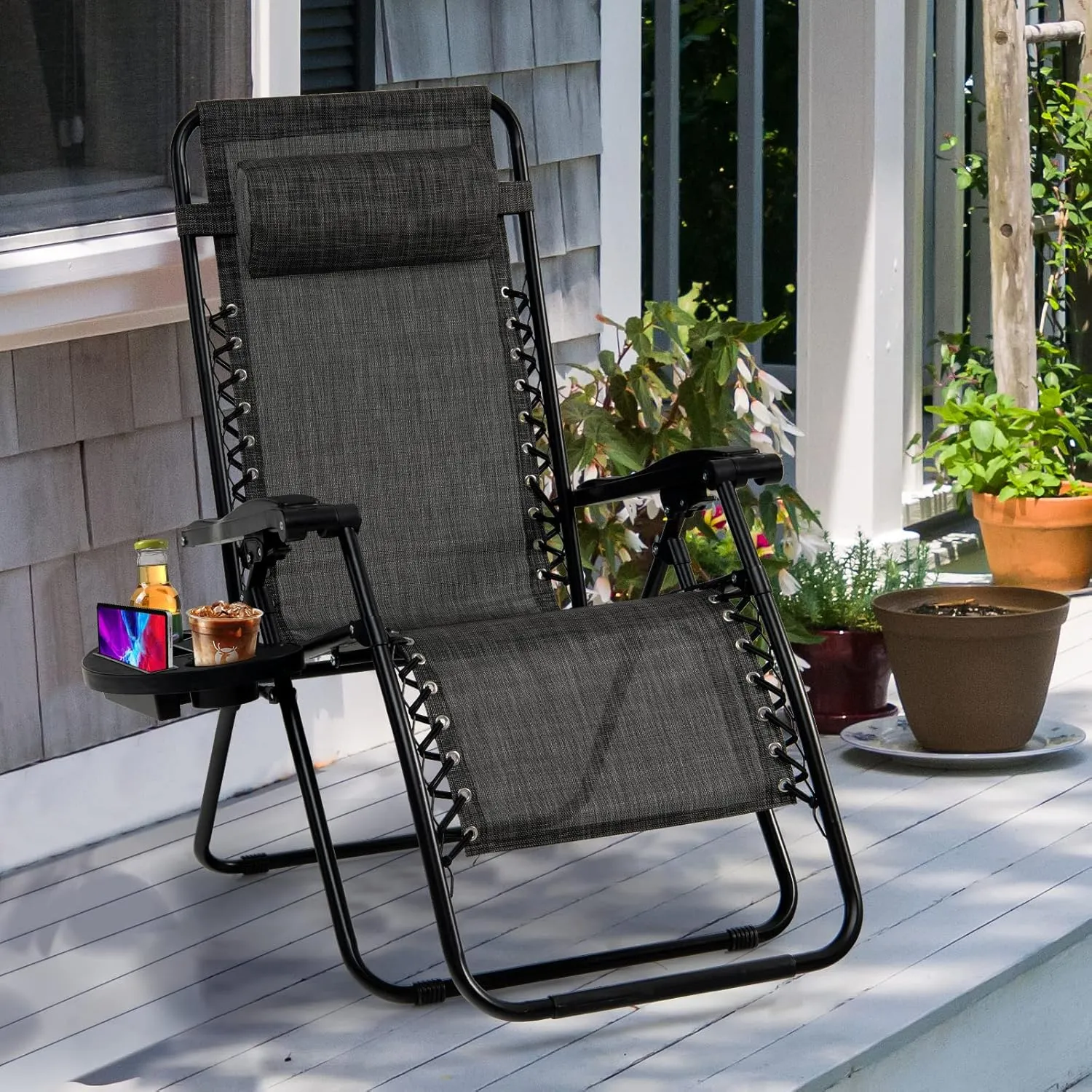 Goplus Zero Gravity Lounge Chairs, 160°Adjustable Folding Recliner w/Pillow and Cup Holder, 350LBS Comfy Outdoor Lounge Chairs for Patio, Lawn, Yard & Camp(Set of 2, Gray)