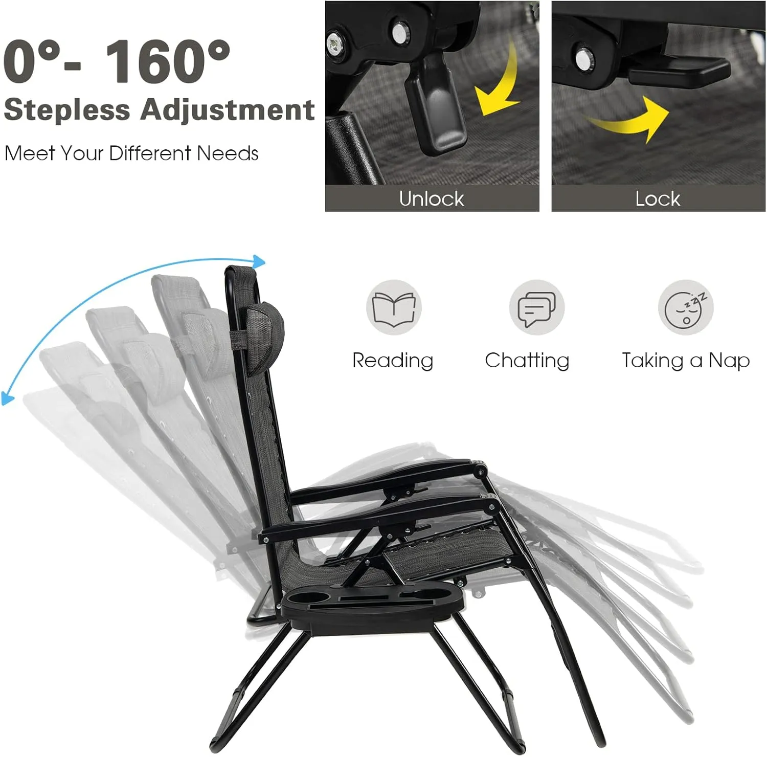 Goplus Zero Gravity Lounge Chairs, 160°Adjustable Folding Recliner w/Pillow and Cup Holder, 350LBS Comfy Outdoor Lounge Chairs for Patio, Lawn, Yard & Camp(Set of 2, Gray)
