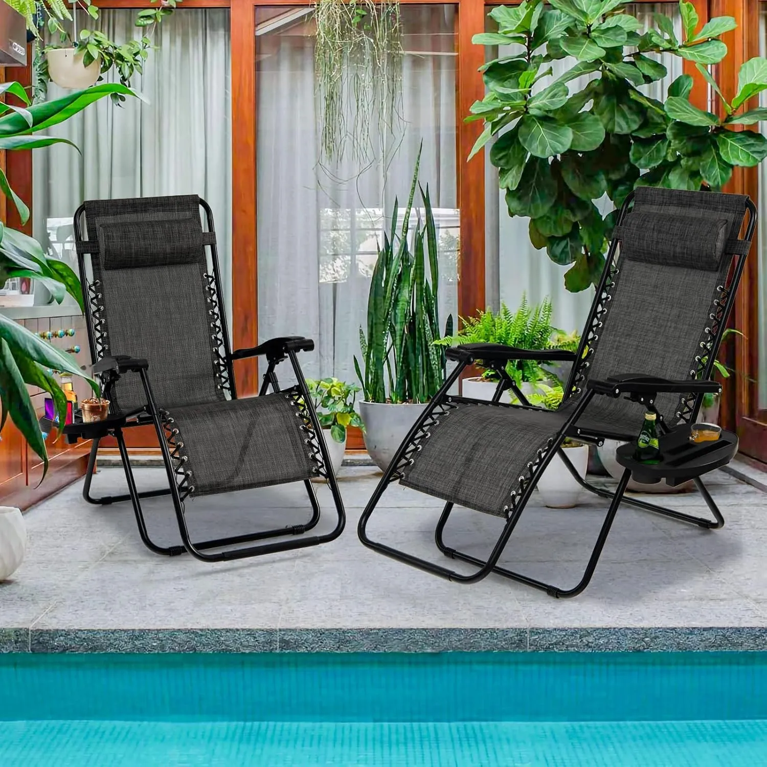 Goplus Zero Gravity Lounge Chairs, 160°Adjustable Folding Recliner w/Pillow and Cup Holder, 350LBS Comfy Outdoor Lounge Chairs for Patio, Lawn, Yard & Camp(Set of 2, Gray)
