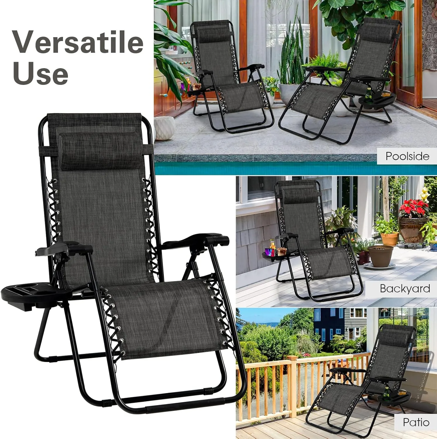 Goplus Zero Gravity Lounge Chairs, 160°Adjustable Folding Recliner w/Pillow and Cup Holder, 350LBS Comfy Outdoor Lounge Chairs for Patio, Lawn, Yard & Camp(Set of 2, Gray)