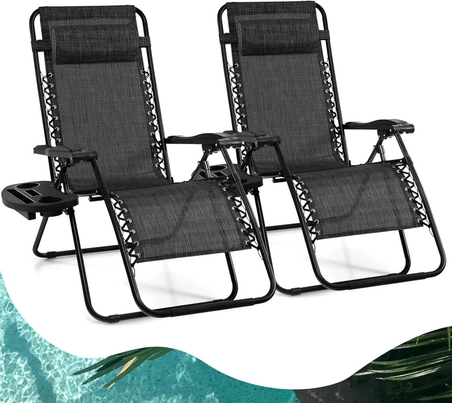 Goplus Zero Gravity Lounge Chairs, 160°Adjustable Folding Recliner w/Pillow and Cup Holder, 350LBS Comfy Outdoor Lounge Chairs for Patio, Lawn, Yard & Camp(Set of 2, Gray)