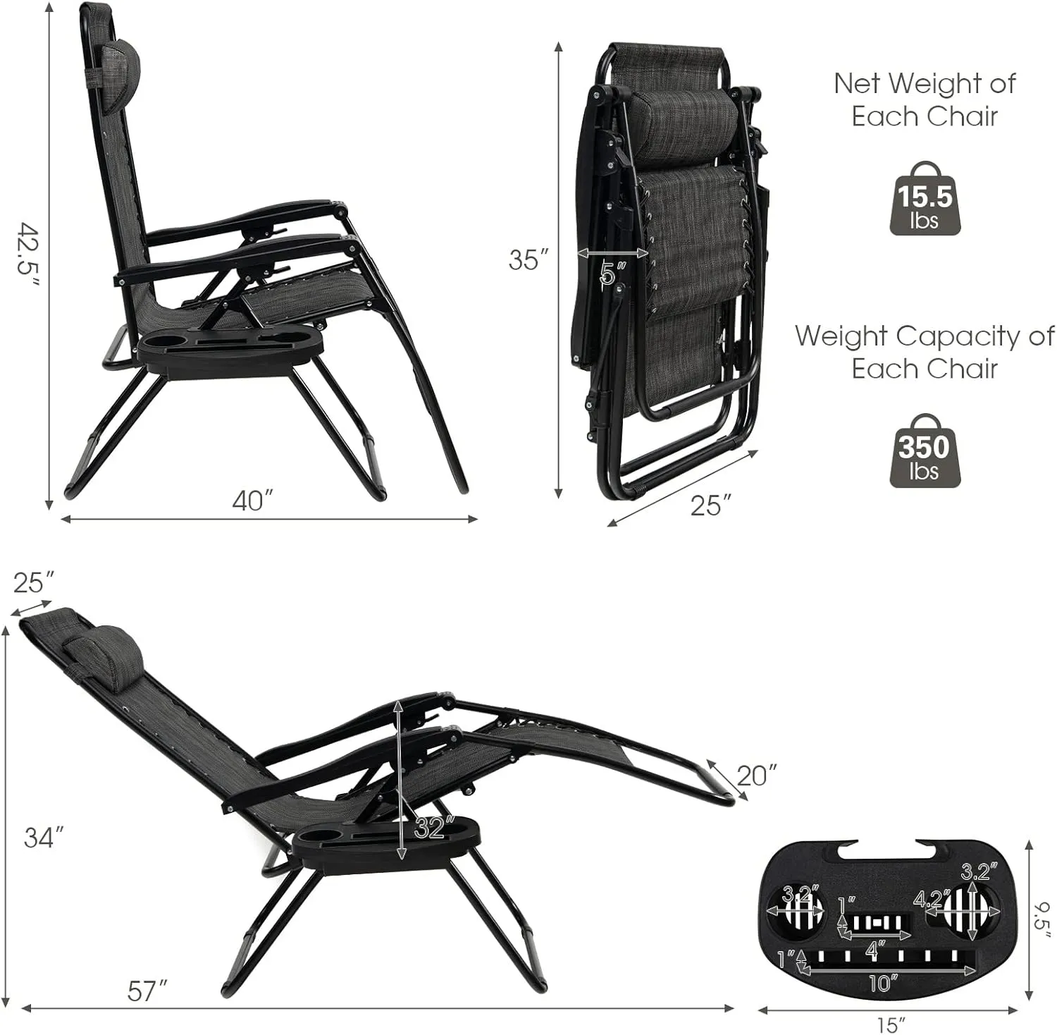 Goplus Zero Gravity Lounge Chairs, 160°Adjustable Folding Recliner w/Pillow and Cup Holder, 350LBS Comfy Outdoor Lounge Chairs for Patio, Lawn, Yard & Camp(Set of 2, Gray)