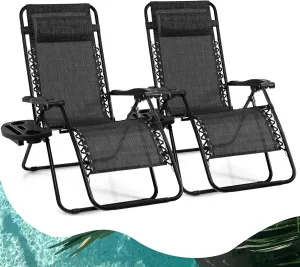 Goplus Zero Gravity Lounge Chairs, 160°Adjustable Folding Recliner w/Pillow and Cup Holder, 350LBS Comfy Outdoor Lounge Chairs for Patio, Lawn, Yard & Camp(Set of 2, Gray)