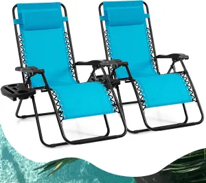 Goplus Zero Gravity Lounge Chairs, 160°Adjustable Folding Recliner w/Pillow and Cup Holder, 350LBS Comfy Outdoor Lounge Chairs for Patio, Lawn, Yard & Camp(Set of 2, Light Blue)