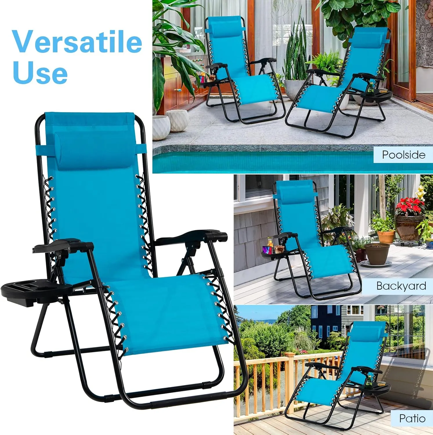 Goplus Zero Gravity Lounge Chairs, 160°Adjustable Folding Recliner w/Pillow and Cup Holder, 350LBS Comfy Outdoor Lounge Chairs for Patio, Lawn, Yard & Camp(Set of 2, Light Blue)
