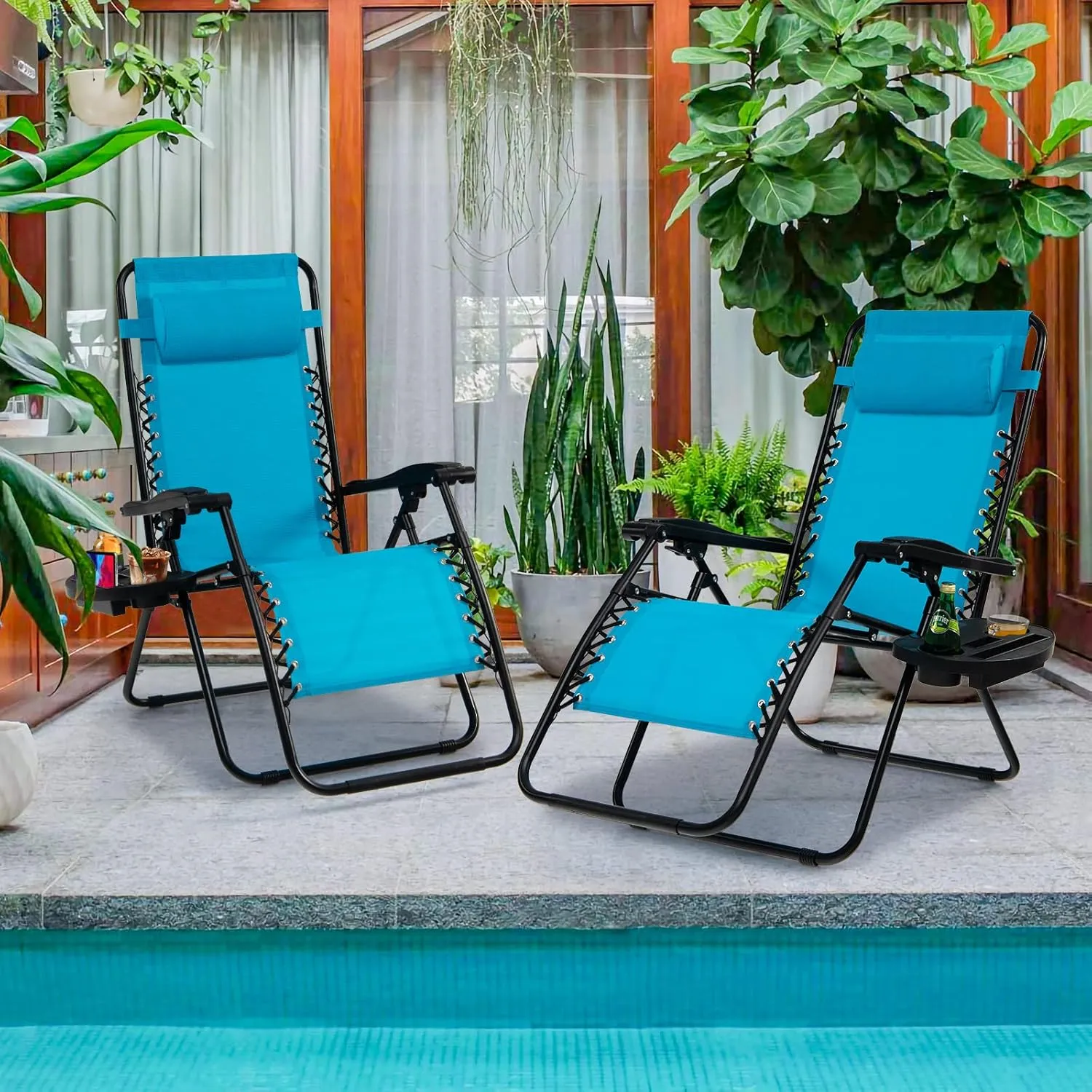 Goplus Zero Gravity Lounge Chairs, 160°Adjustable Folding Recliner w/Pillow and Cup Holder, 350LBS Comfy Outdoor Lounge Chairs for Patio, Lawn, Yard & Camp(Set of 2, Light Blue)