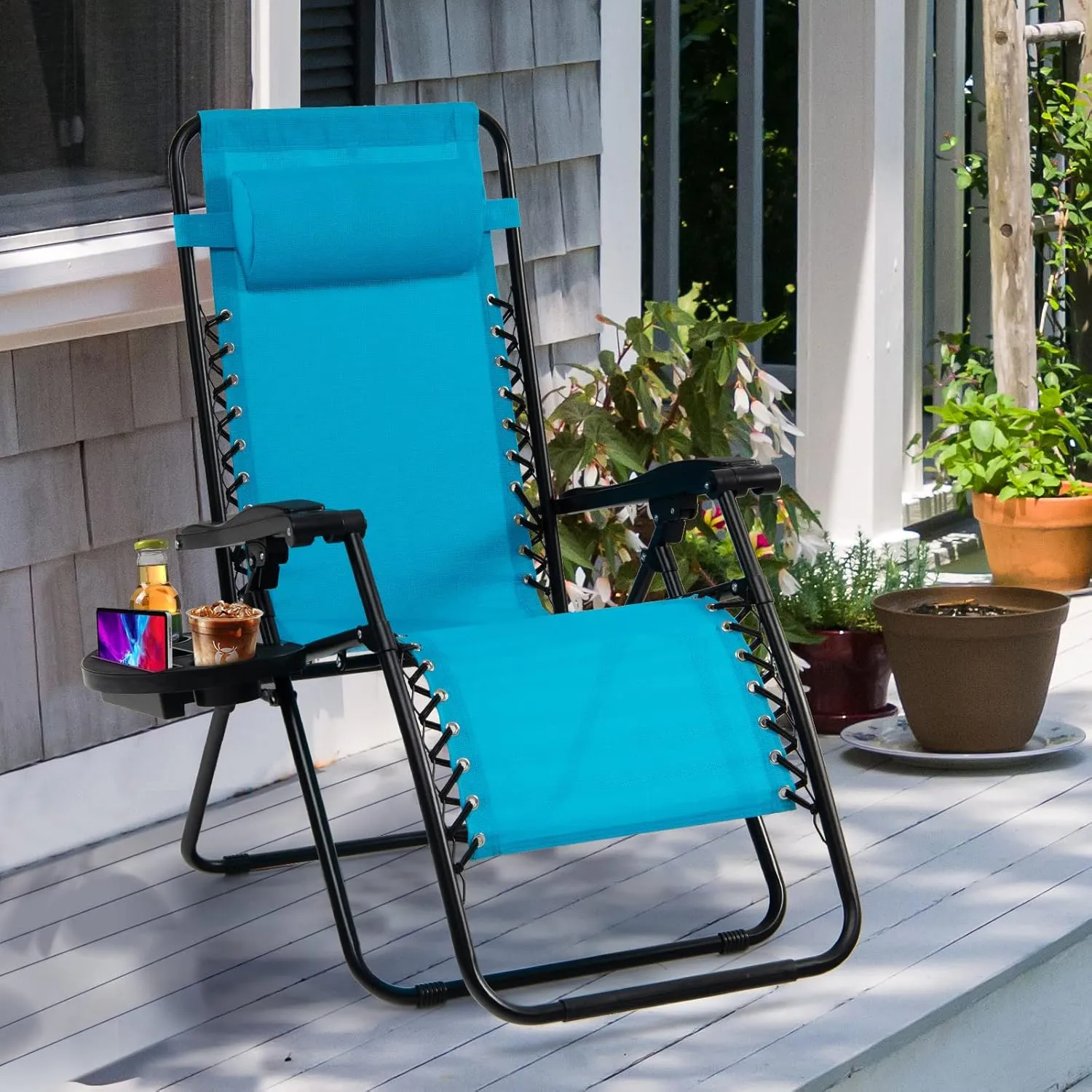 Goplus Zero Gravity Lounge Chairs, 160°Adjustable Folding Recliner w/Pillow and Cup Holder, 350LBS Comfy Outdoor Lounge Chairs for Patio, Lawn, Yard & Camp(Set of 2, Light Blue)