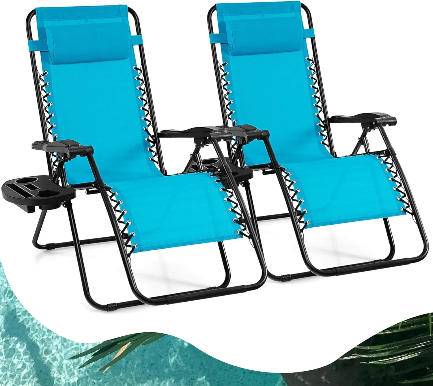 Goplus Zero Gravity Lounge Chairs, 160°Adjustable Folding Recliner w/Pillow and Cup Holder, 350LBS Comfy Outdoor Lounge Chairs for Patio, Lawn, Yard & Camp(Set of 2, Light Blue)