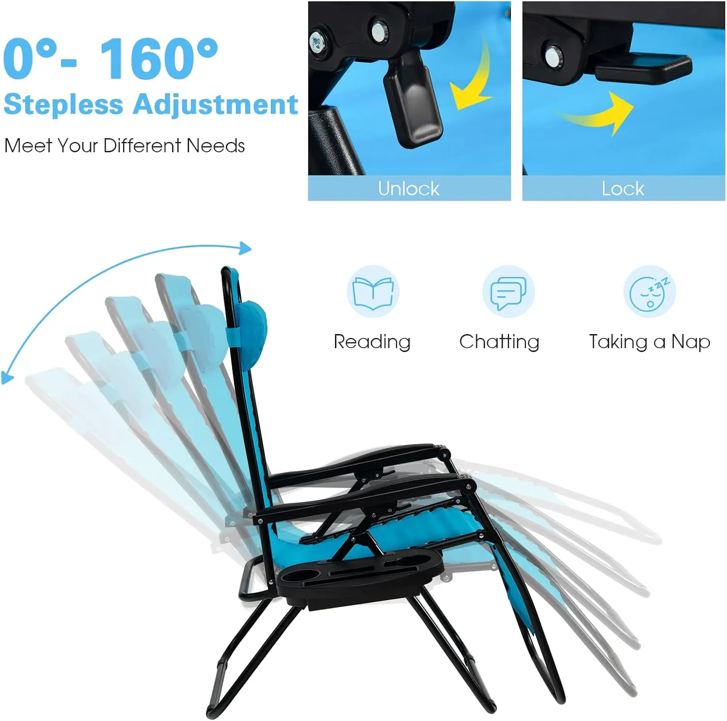 Goplus Zero Gravity Lounge Chairs, 160°Adjustable Folding Recliner w/Pillow and Cup Holder, 350LBS Comfy Outdoor Lounge Chairs for Patio, Lawn, Yard & Camp(Set of 2, Light Blue)