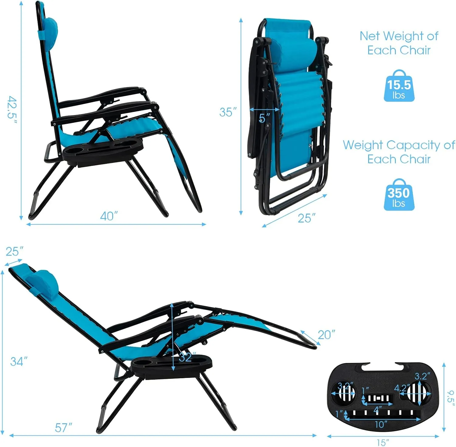 Goplus Zero Gravity Lounge Chairs, 160°Adjustable Folding Recliner w/Pillow and Cup Holder, 350LBS Comfy Outdoor Lounge Chairs for Patio, Lawn, Yard & Camp(Set of 2, Light Blue)