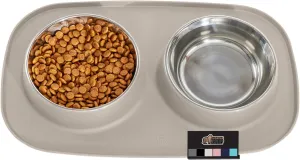 GORILLA GRIP Patent Pending 100% Waterproof BPA Free 3 Cup Cat and Dog Bowls Silicone Feeding Mat Set, Stainless Steel Bowl Slip Resistant Raised Edges, Catch Water, Food, Pet Accessories, Beige