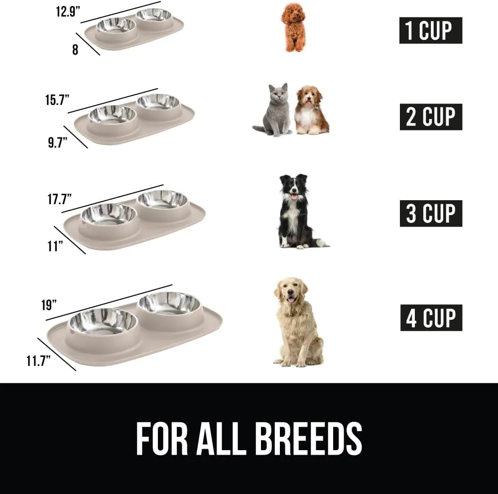 GORILLA GRIP Patent Pending 100% Waterproof BPA Free 3 Cup Cat and Dog Bowls Silicone Feeding Mat Set, Stainless Steel Bowl Slip Resistant Raised Edges, Catch Water, Food, Pet Accessories, Beige