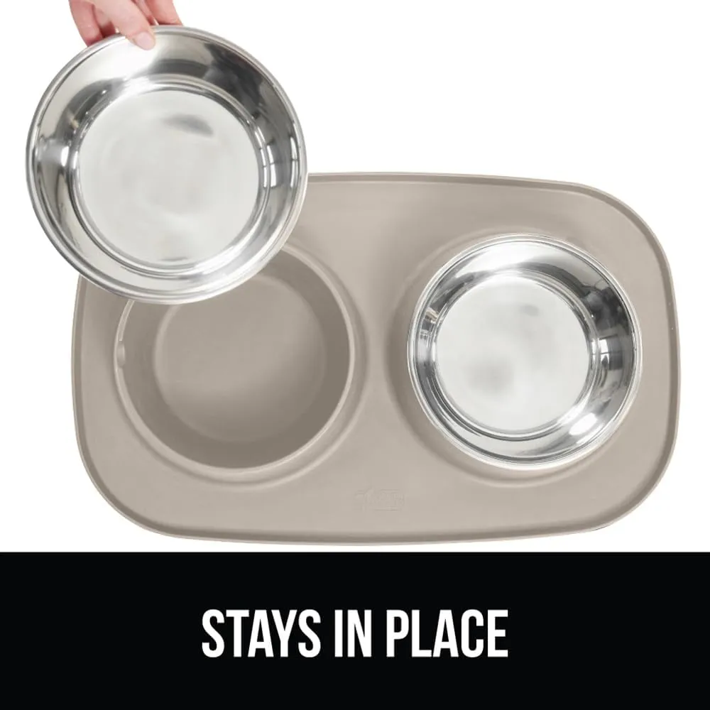 GORILLA GRIP Patent Pending 100% Waterproof BPA Free 3 Cup Cat and Dog Bowls Silicone Feeding Mat Set, Stainless Steel Bowl Slip Resistant Raised Edges, Catch Water, Food, Pet Accessories, Beige