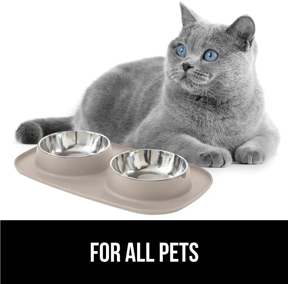 GORILLA GRIP Patent Pending 100% Waterproof BPA Free 3 Cup Cat and Dog Bowls Silicone Feeding Mat Set, Stainless Steel Bowl Slip Resistant Raised Edges, Catch Water, Food, Pet Accessories, Beige