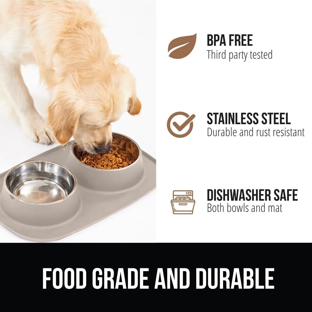 GORILLA GRIP Patent Pending 100% Waterproof BPA Free 3 Cup Cat and Dog Bowls Silicone Feeding Mat Set, Stainless Steel Bowl Slip Resistant Raised Edges, Catch Water, Food, Pet Accessories, Beige