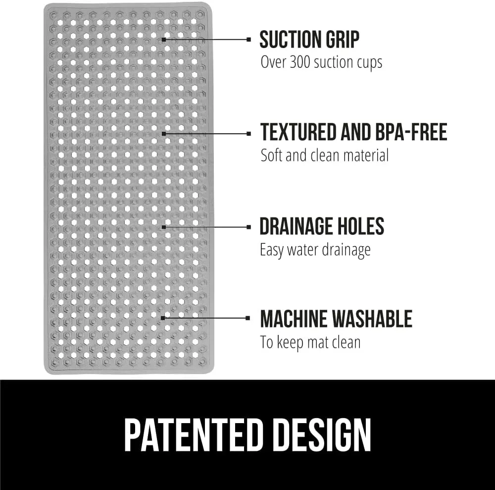 GORILLA GRIP Patented Bath Tub Shower Mat, Machine Washable Bathtub Floor Liner Mats, Suction Cups and Drain Holes to Keep Tubs Clean, Soft on Feet, Bathroom Essentials, 35x16 Inch, Gray Opaque