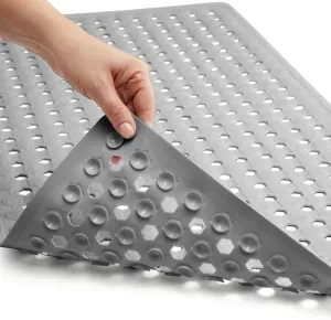 GORILLA GRIP Patented Bath Tub Shower Mat, Machine Washable Bathtub Floor Liner Mats, Suction Cups and Drain Holes to Keep Tubs Clean, Soft on Feet, Bathroom Essentials, 35x16 Inch, Gray Opaque