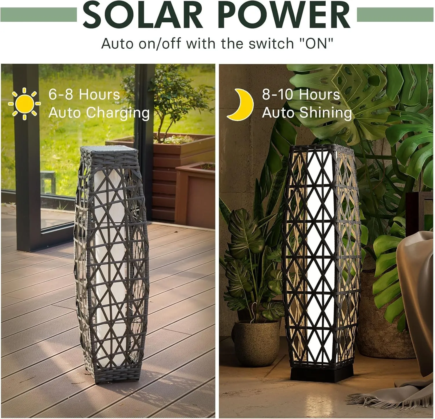 Grand patio 2-Piece Solar Outdoor Floor Lamp Solar Powered Wicker Lantern Outdoor Weather-Resistant Deck Light for Garden Porch Yard-Silver Gray, Large Cindy