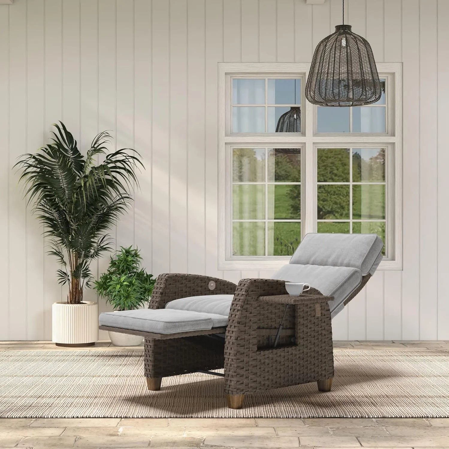 Grand patio Indoor & Outdoor Recliner Chair PE Wicker Patio Recliner with Flip Table Reclining Lounge Chair, Mist Grey