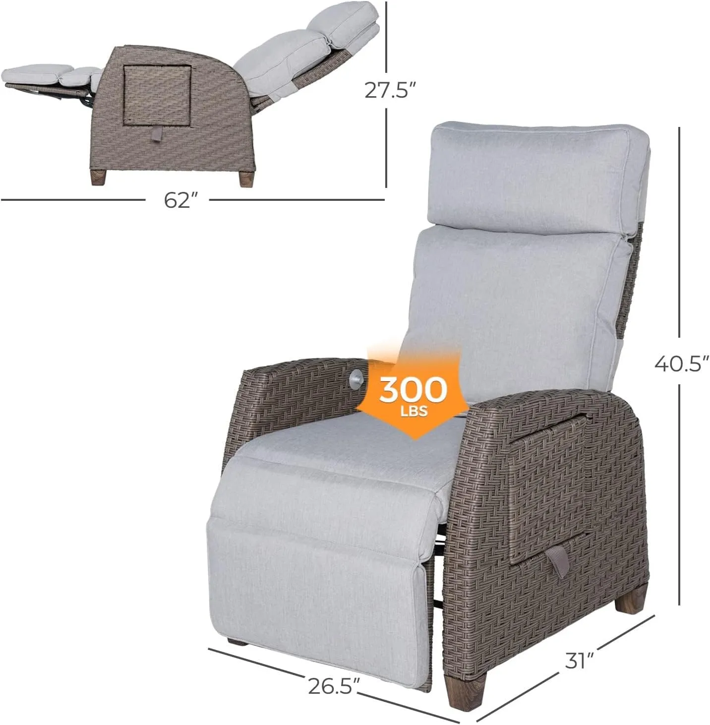 Grand patio Indoor & Outdoor Recliner Chair PE Wicker Patio Recliner with Flip Table Reclining Lounge Chair, Mist Grey