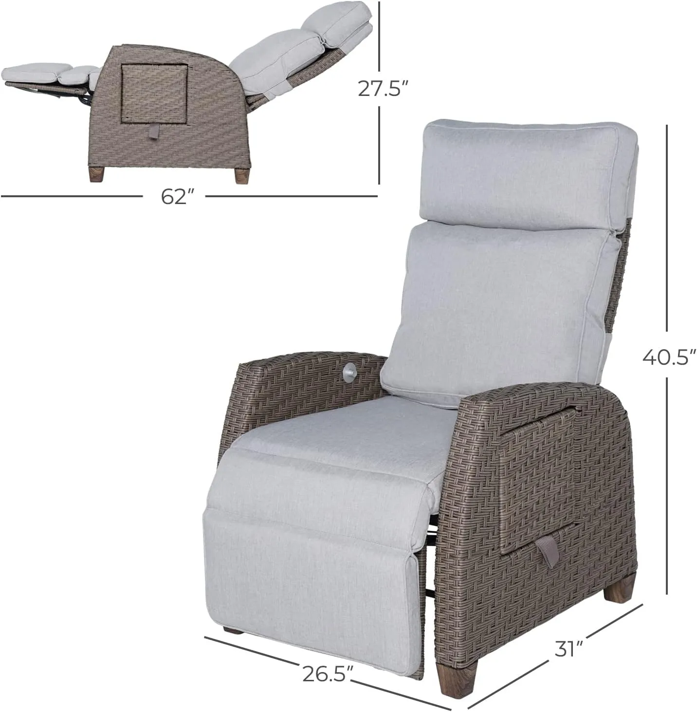 Grand patio Indoor & Outdoor Recliner Chair PE Wicker Patio Recliner with Flip Table Reclining Lounge Chair, Mist Grey