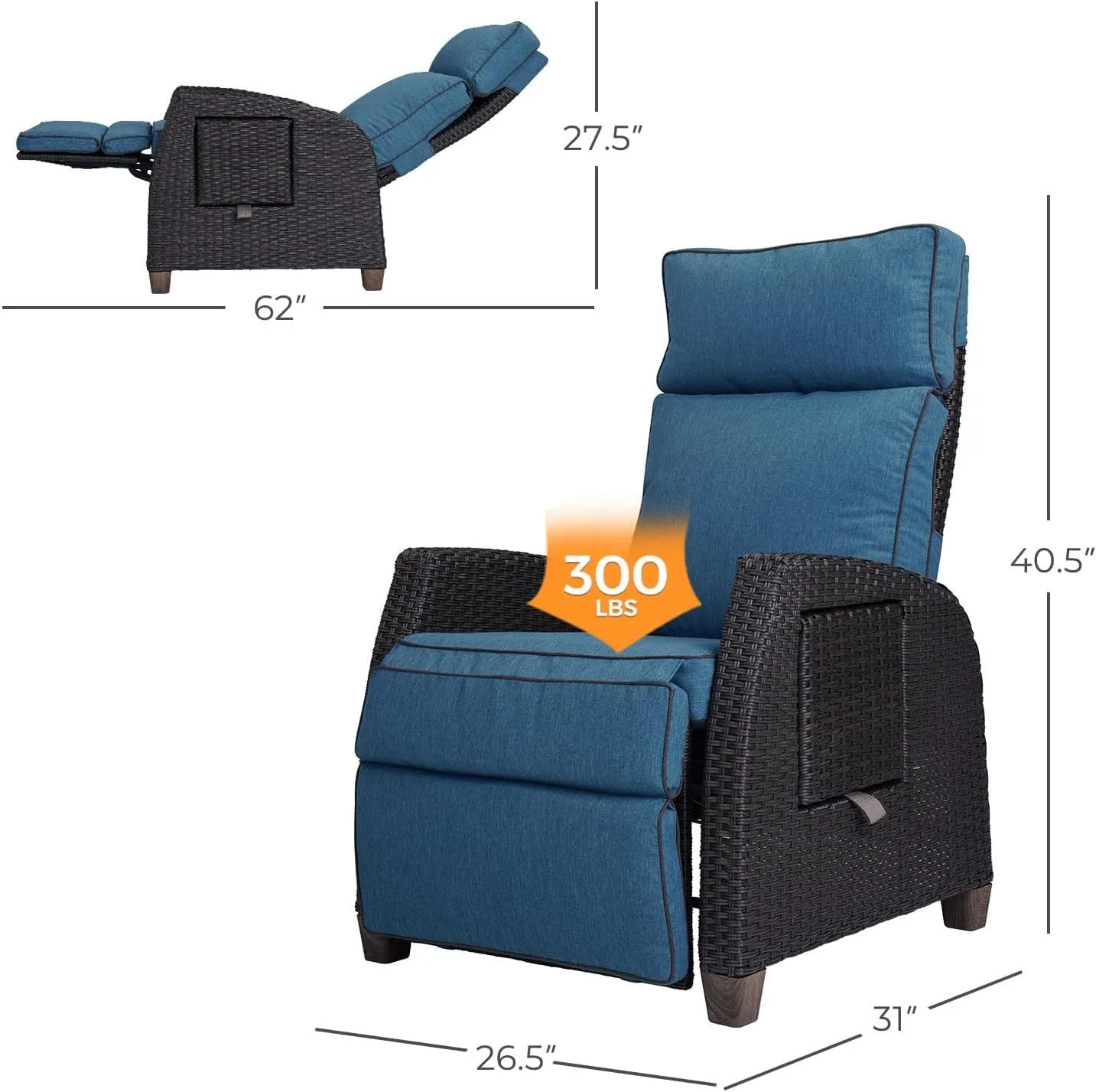 Grand patio Outdoor Reclining Chairs with Extended Footrest 2-Piece Adjustable Patio Wicker Lounge Recliner up to 150° with Flip Side Table Peacock Blue