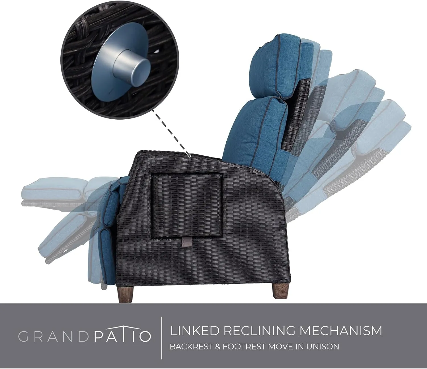 Grand patio Outdoor Reclining Chairs with Extended Footrest 2-Piece Adjustable Patio Wicker Lounge Recliner up to 150° with Flip Side Table Peacock Blue