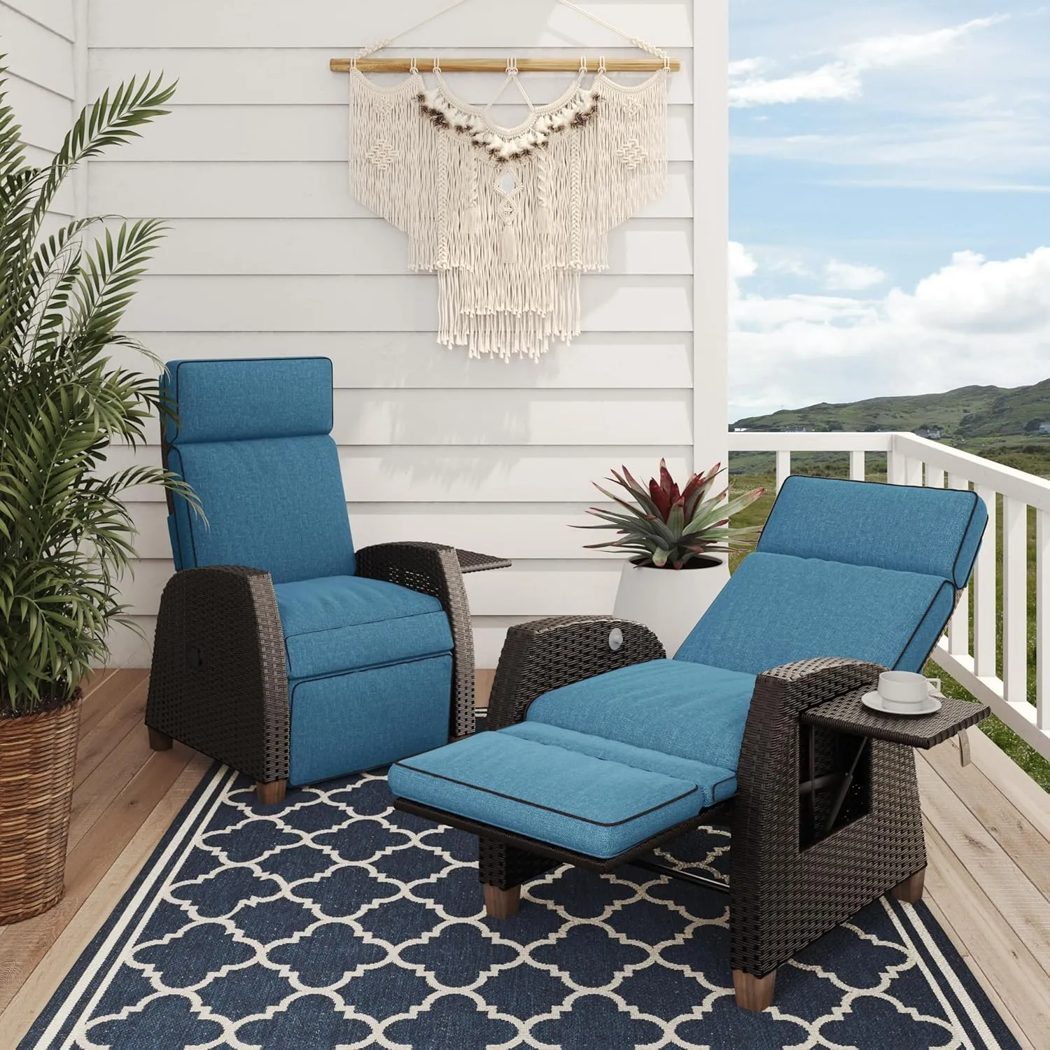 Grand patio Outdoor Reclining Chairs with Extended Footrest 2-Piece Adjustable Patio Wicker Lounge Recliner up to 150° with Flip Side Table Peacock Blue