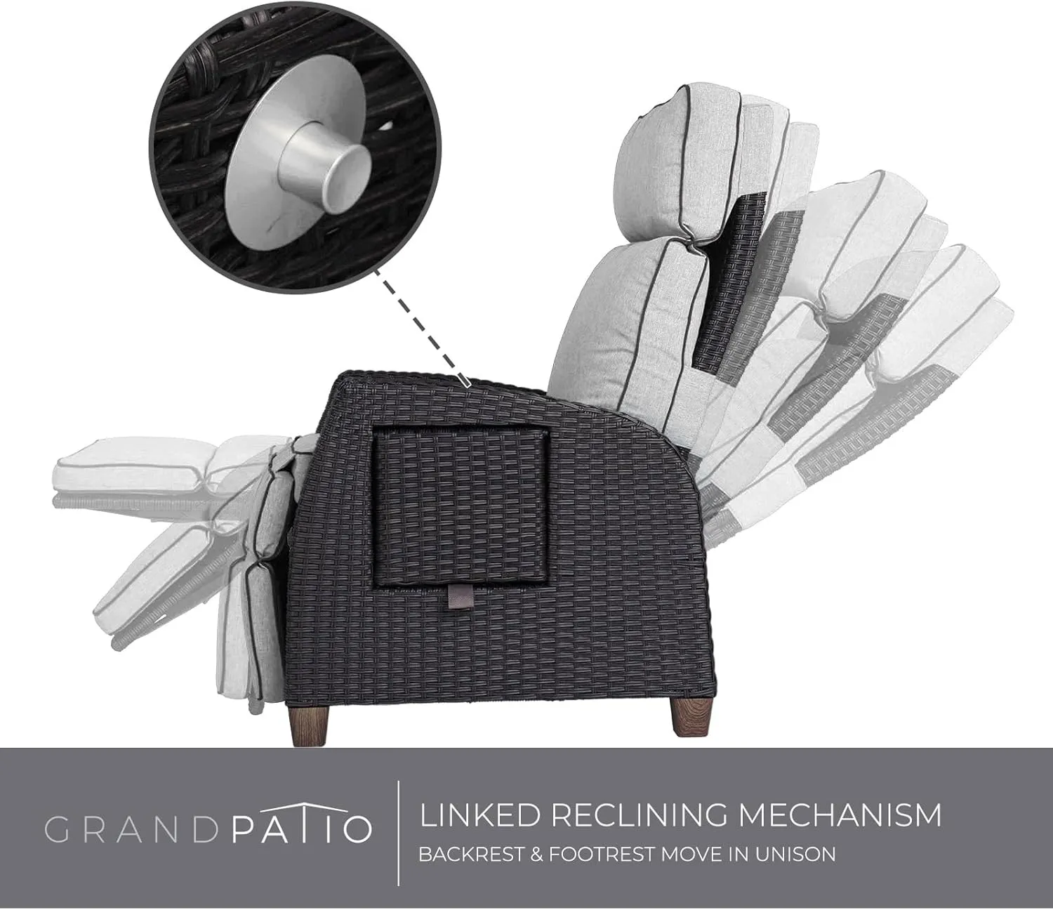 Grand patio Outdoor Reclining Chairs with Extended Footrest 2-Piece Adjustable Patio Wicker,Lounge Recliner up to 150° with Flip Side Table Griege