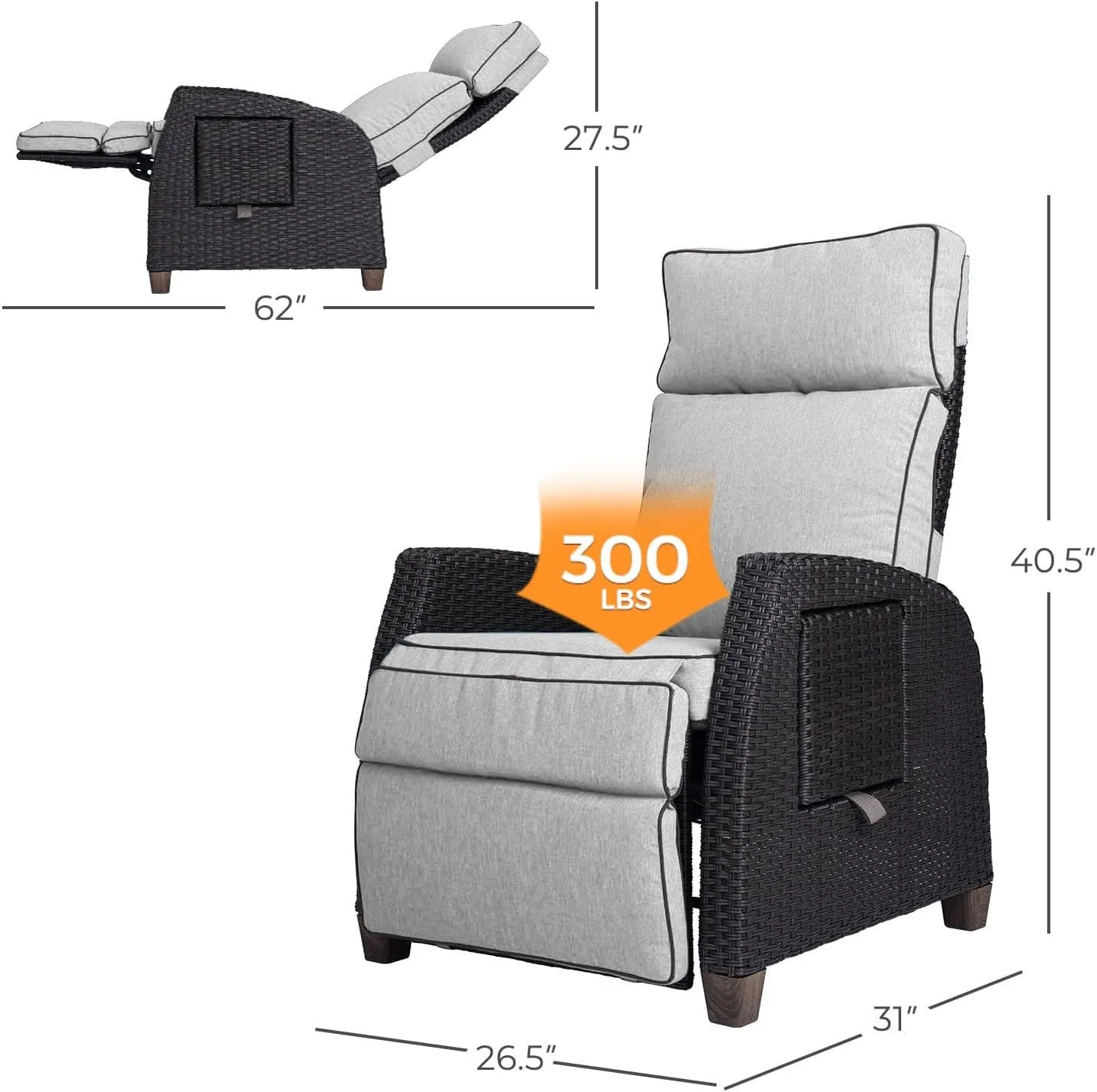 Grand patio Outdoor Reclining Chairs with Extended Footrest 2-Piece Adjustable Patio Wicker,Lounge Recliner up to 150° with Flip Side Table Griege