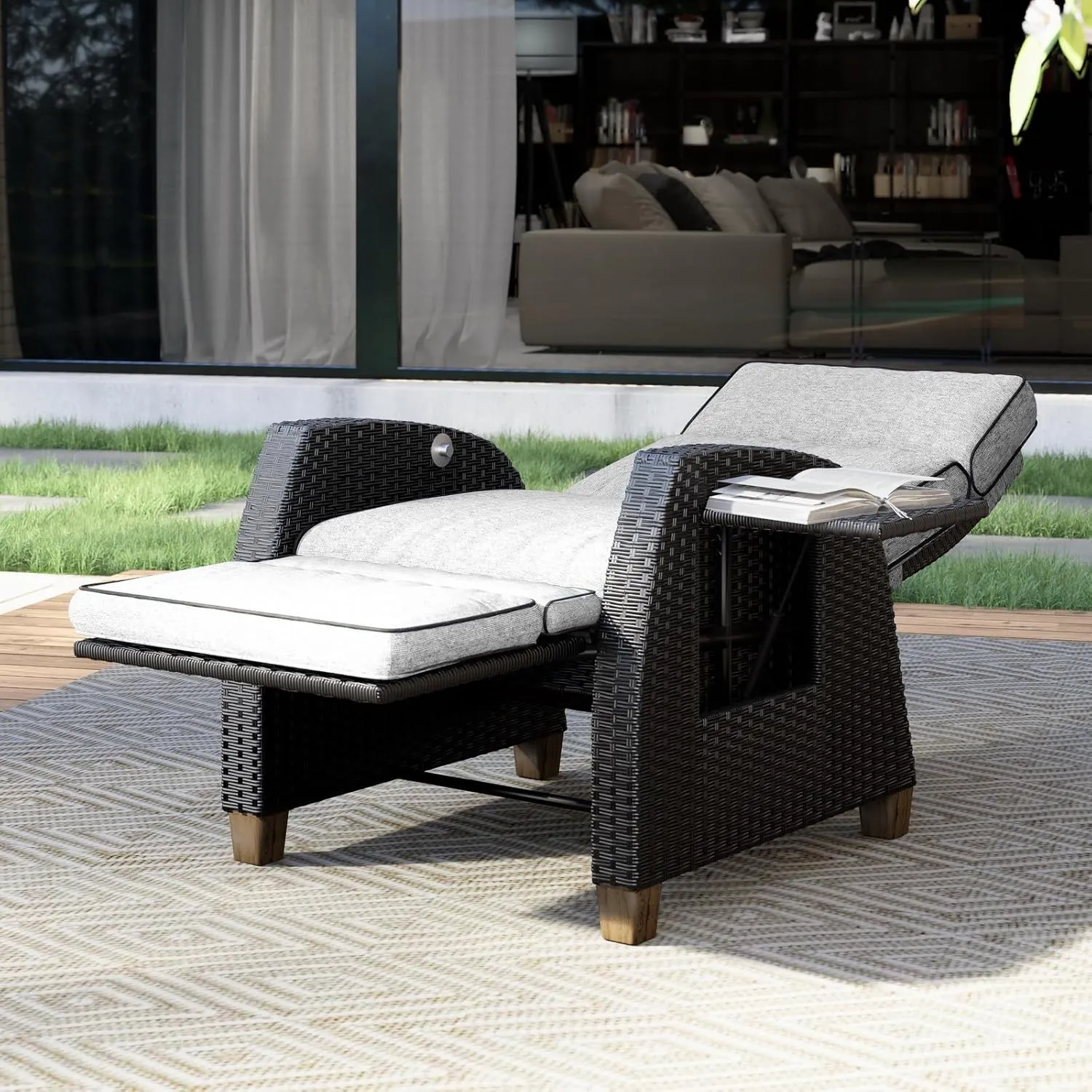 Grand patio Outdoor Reclining Chairs with Extended Footrest 2-Piece Adjustable Patio Wicker,Lounge Recliner up to 150° with Flip Side Table Griege