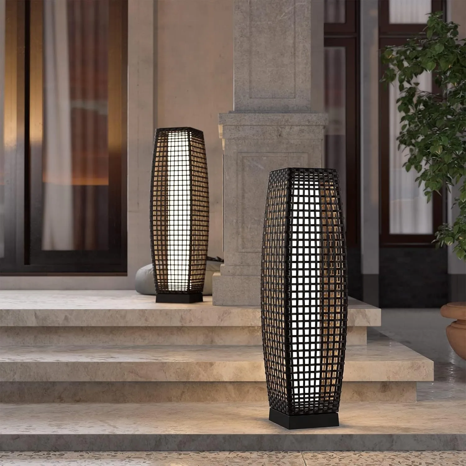 Grand patio Solar Outdoor Floor Lamp Solar Powered Lantern Water-Resistant Wicker Deck Light for Garden Porch Deck-Large Fuji 2 PCS, Dark Brown