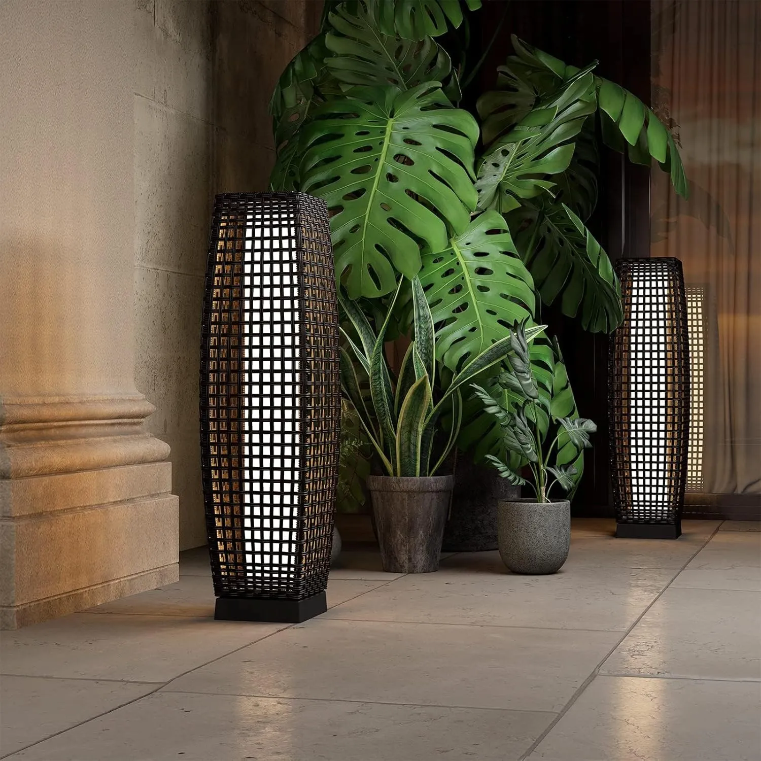 Grand patio Solar Outdoor Floor Lamp Solar Powered Lantern Water-Resistant Wicker Deck Light for Garden Porch Deck-Large Fuji 2 PCS, Dark Brown