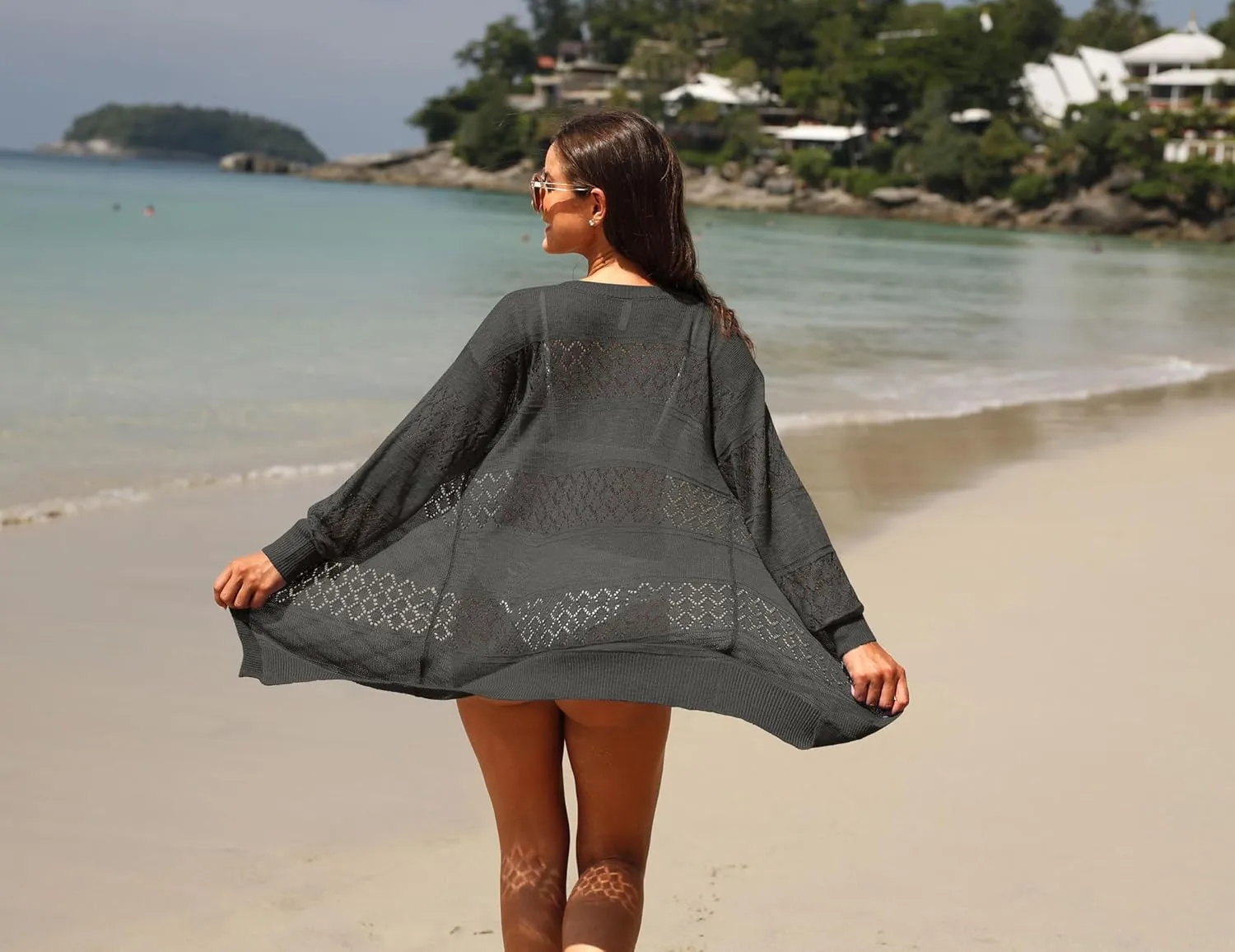 GRECERELLE Women's Lightweight Crochet Long Sleeve Loose Casual Open Front Cardigan Drape Sweaters Boho Summer Beach Coverups