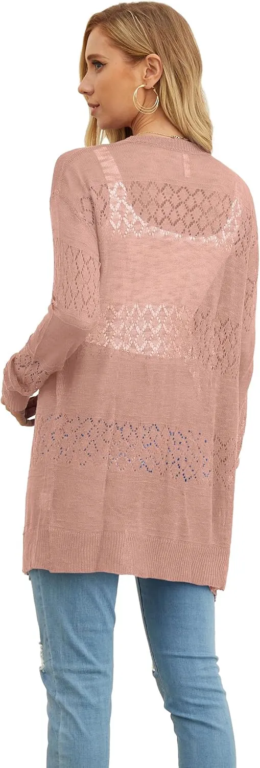 GRECERELLE Women's Lightweight Crochet Long Sleeve Loose Casual Open Front Cardigan Drape Sweaters Boho Summer Beach Coverups