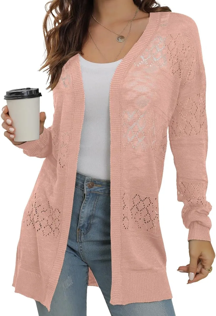GRECERELLE Women's Lightweight Crochet Long Sleeve Loose Casual Open Front Cardigan Drape Sweaters Boho Summer Beach Coverups