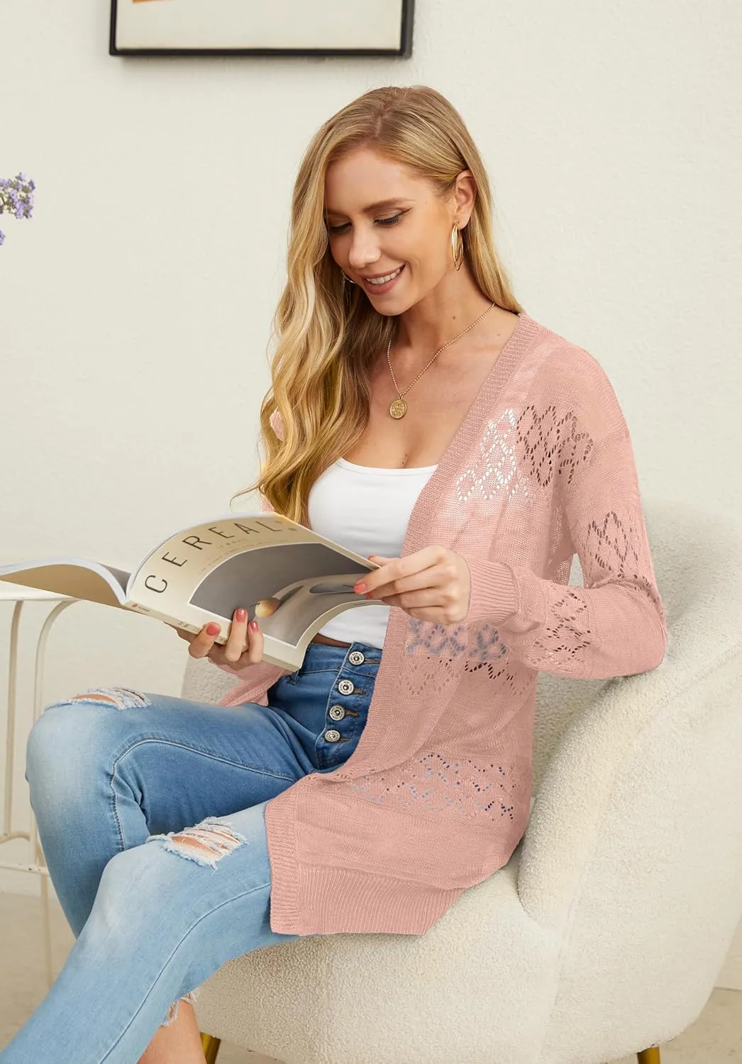 GRECERELLE Women's Lightweight Crochet Long Sleeve Loose Casual Open Front Cardigan Drape Sweaters Boho Summer Beach Coverups