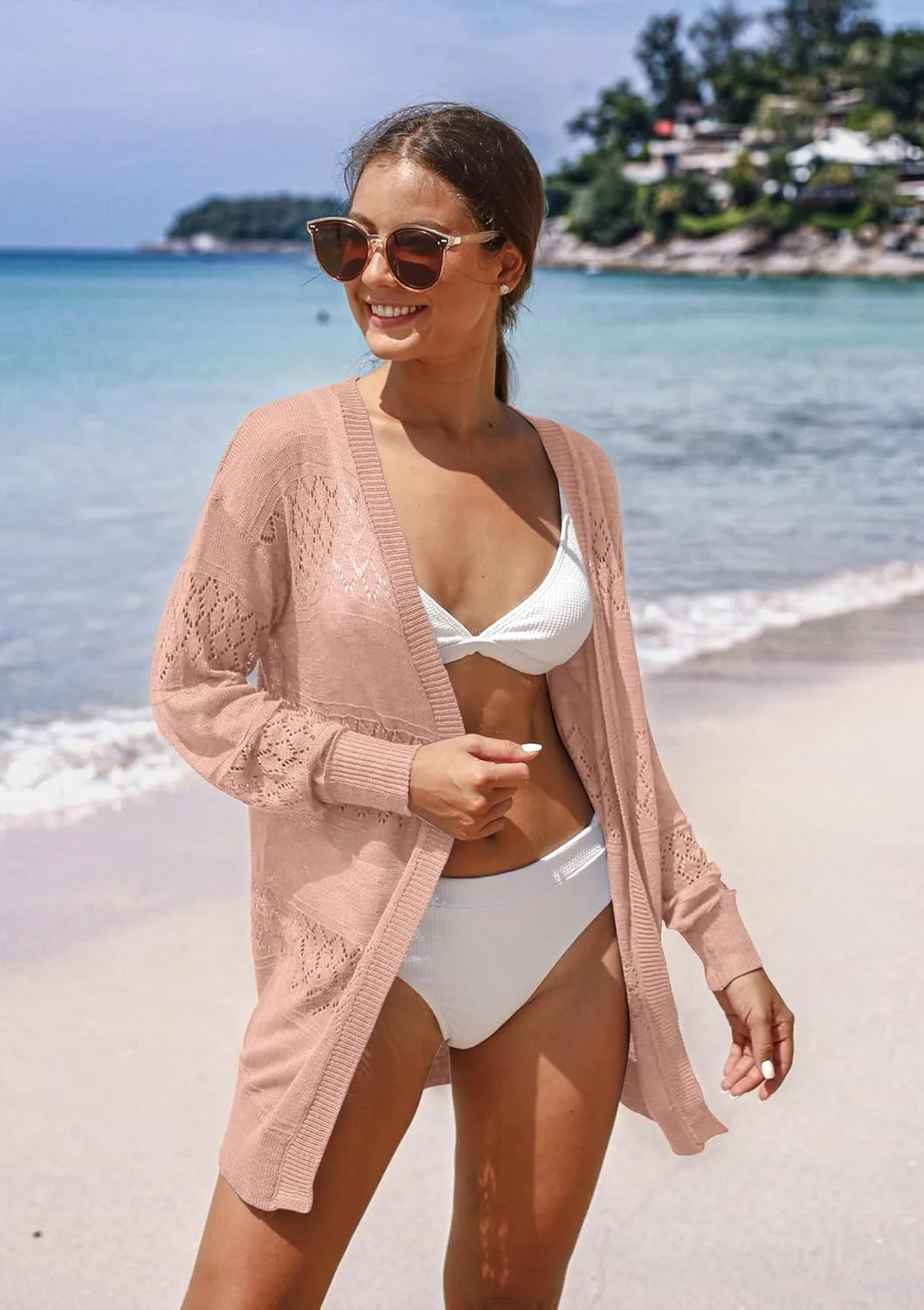 GRECERELLE Women's Lightweight Crochet Long Sleeve Loose Casual Open Front Cardigan Drape Sweaters Boho Summer Beach Coverups