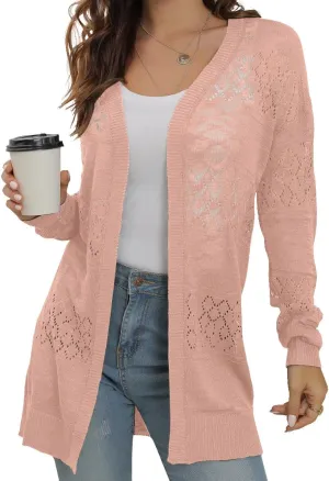 GRECERELLE Women's Lightweight Crochet Long Sleeve Loose Casual Open Front Cardigan Drape Sweaters Boho Summer Beach Coverups
