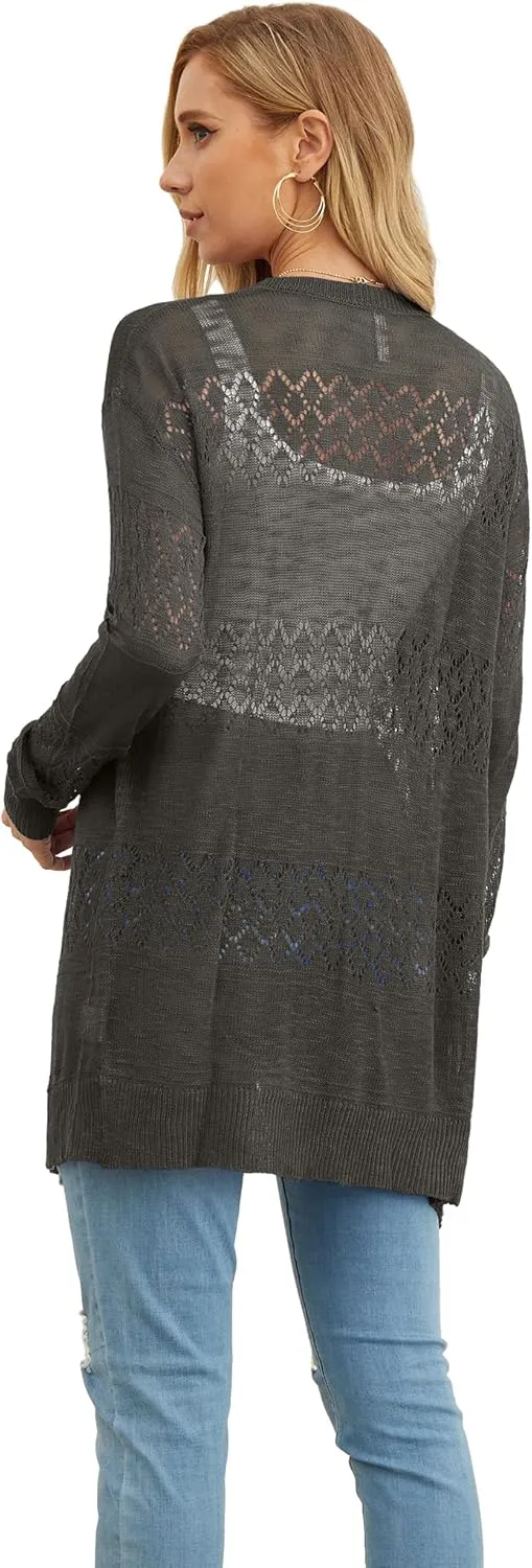 GRECERELLE Women's Lightweight Crochet Long Sleeve Loose Casual Open Front Cardigan Drape Sweaters Boho Summer Beach Coverups