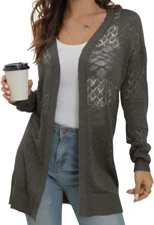 GRECERELLE Women's Lightweight Crochet Long Sleeve Loose Casual Open Front Cardigan Drape Sweaters Boho Summer Beach Coverups