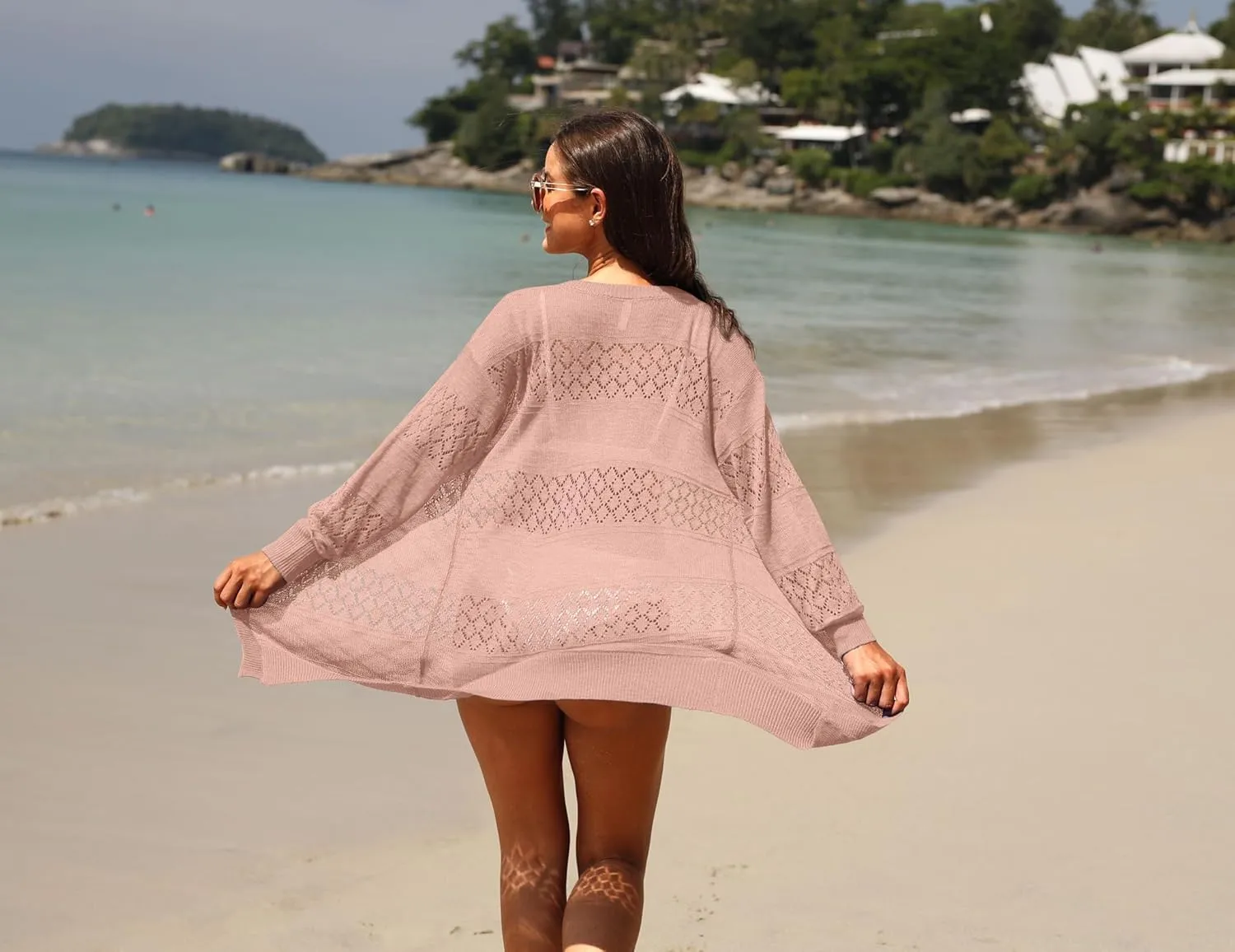 GRECERELLE Women's Lightweight Crochet Long Sleeve Loose Casual Open Front Cardigan Drape Sweaters Boho Summer Beach Coverups