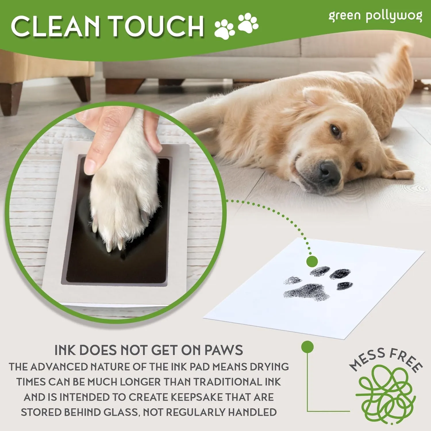 Green Pollywog Paw Print & Nose Print Kit with No-Mess Ink Pad | White | Pet Memorial Picture Display | Dog & Cat Keepsake Gift