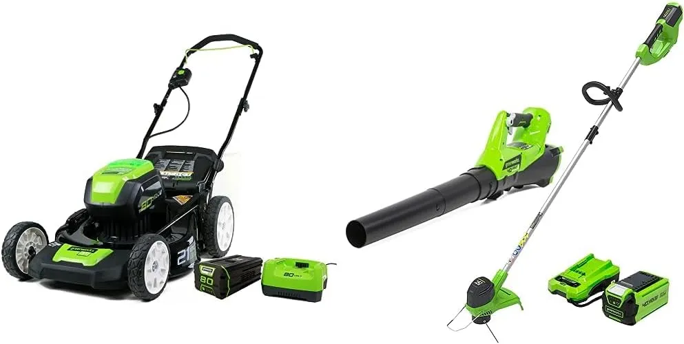 Greenworks Pro 80V 21" Brushless Cordless Lawn Mower, 4.0Ah Battery and 60 Minute Rapid Charger Included & 40V Cordless String Trimmer and Leaf Blower Combo Kit, 2.0Ah Battery and Charger Included