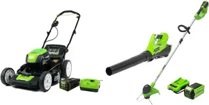 Greenworks Pro 80V 21" Brushless Cordless Lawn Mower, 4.0Ah Battery and 60 Minute Rapid Charger Included & 40V Cordless String Trimmer and Leaf Blower Combo Kit, 2.0Ah Battery and Charger Included
